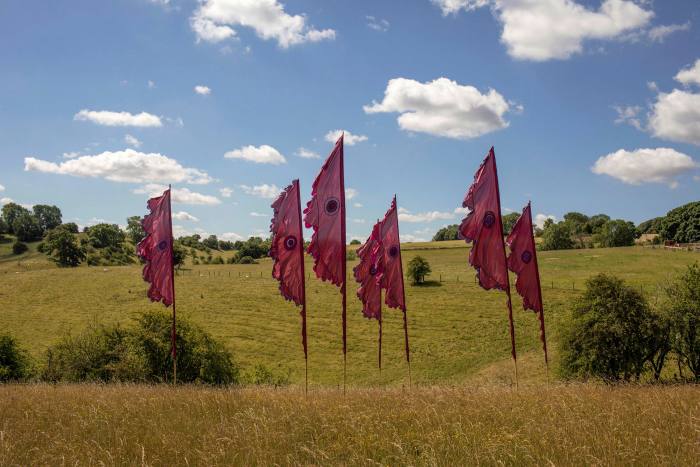 Tall red banners on poles in a wild grass meadow