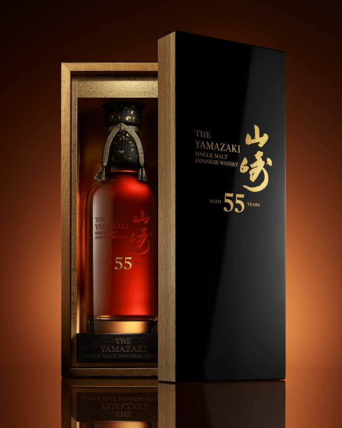Yamazaki 55 is presented in a crystal bottle, wrapped in handmade washi paper in a lacquer-coated Japanese oak box