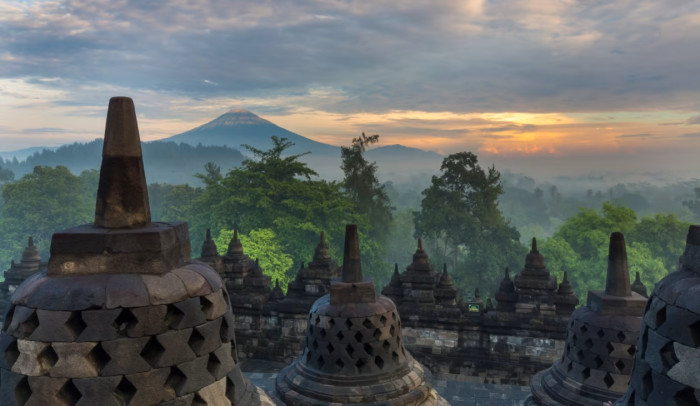 Sunrise over the Borobudur temple in Java, Indonesia