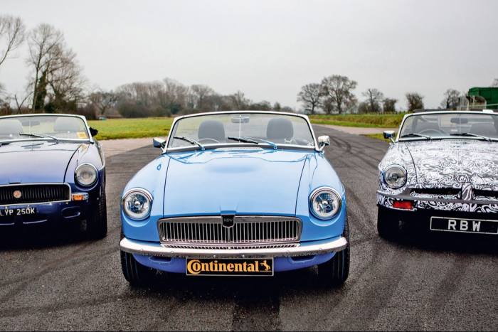 RBW Electric Classic Cars’ converted MGB Roadster (centre), POA, with the prototype (right)