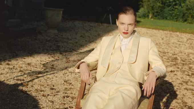 Penelope Ternes wears Dior shantung wool and silk jacket, £2,900, matching vest, £1,550, matching trousers, £2,000, and cotton poplin blouse, £1,100. Lambda Golf waterproof leather spiked golf shoes, €310, and cotton-mix socks, £50 for three pairs