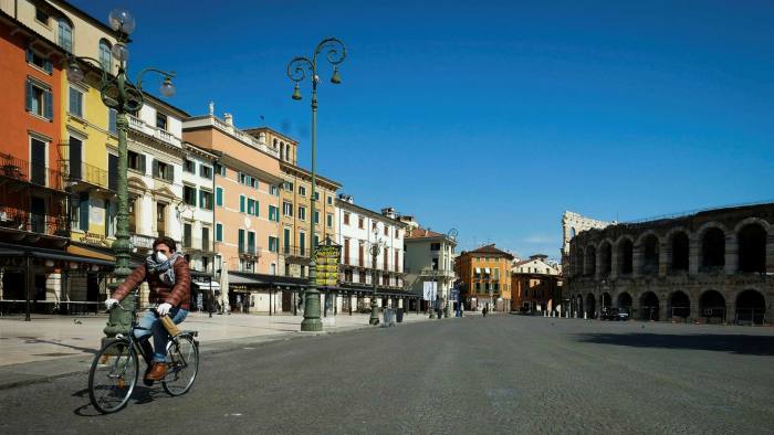 A deserted Bra Square in Verona, Veneto in Italy on March 24
