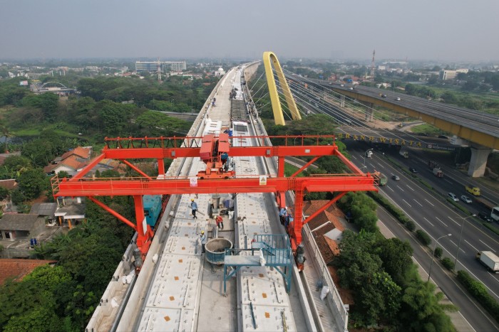 An aerial view of an elevated track under construction for the Jakarta-Bandung high-speed railway  