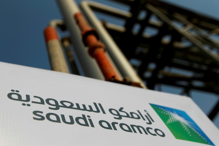 Saudi Aramco sign at the oil facility in Abqaiq, Saudi Arabia 