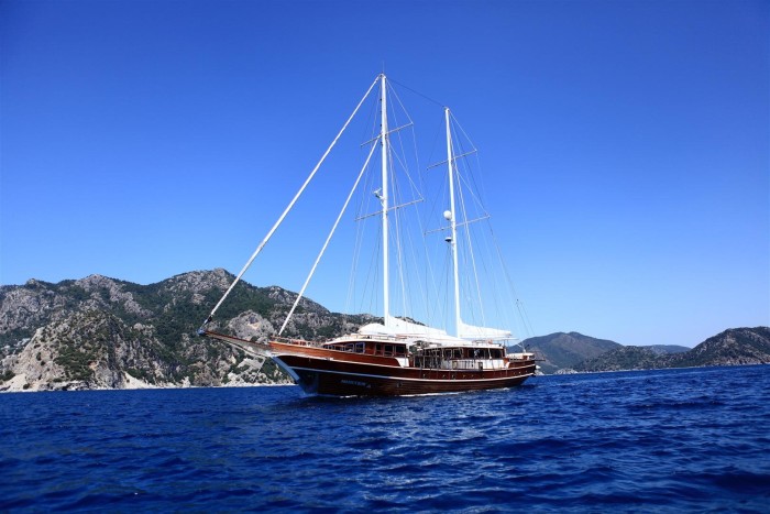 A gulet sails the waters of the Turkish Aegean