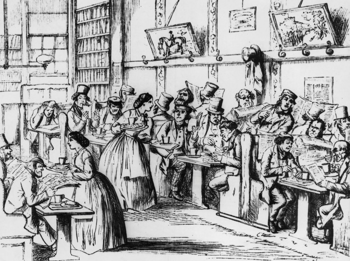 Sketch of shipowners and traders meeting in the Lloyd’s of London coffeehouse
