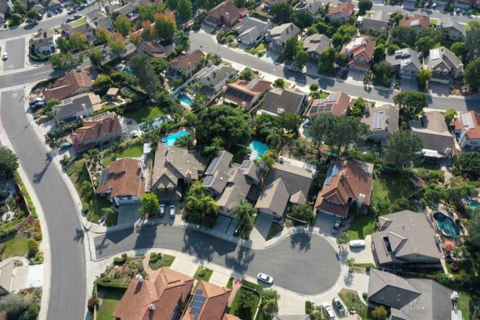 Single-family homes are seen in this aerial photograph taken over San Diego, California