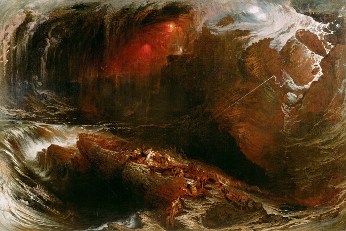 A 19th-century painting of violent waves and people in the sea under red sky