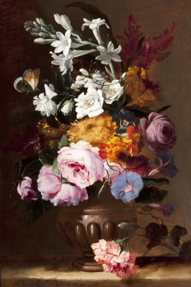 A 1670 vase painting by Abraham Brueghel, for sale at Rafael Valls gallery for £48,000