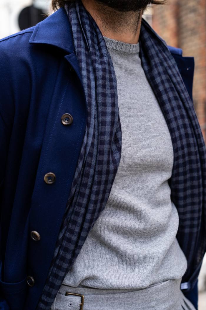 Anderson & Sheppard Air Mail jacket, £1,395, merino sweater, £285, and cashmere scarf, £415