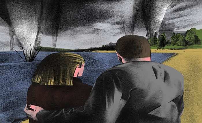 illustration of a man and woman looking at a shoreline