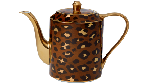 a teapot with leopard print design