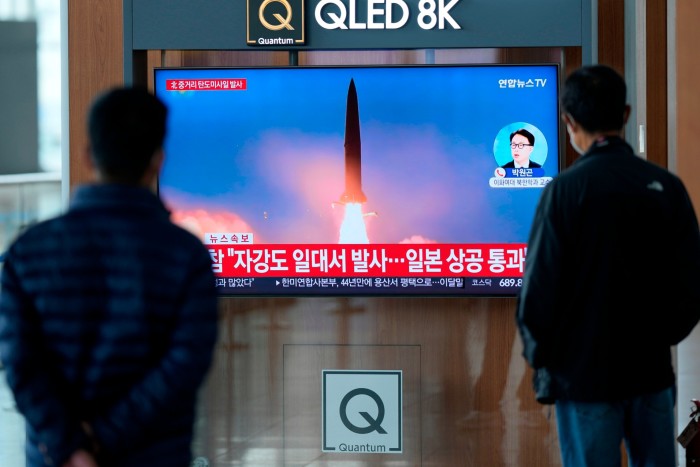 People in Seoul watch a North Korean missile test on TV. In September 2022, Pyongyang  adopted a more aggressive nuclear policy that outlines an unusually low threshold for use