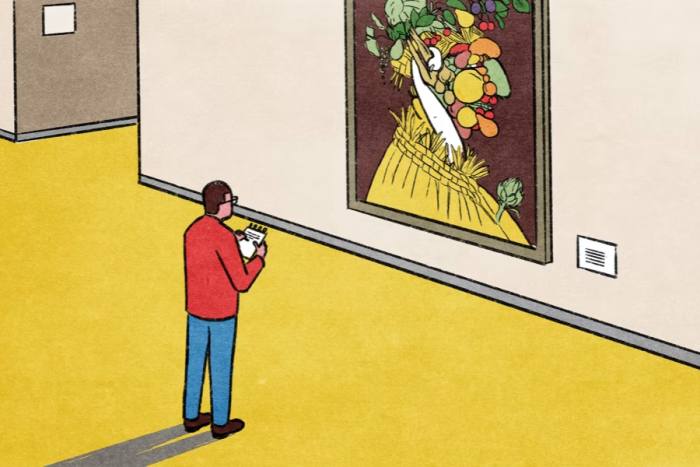 Illustration showing a gallery wall with framed art that features crops and fruits that form the shape of a woman’s side profile. Looking at the artwork is a bespectacled man holding a pen and a notepad