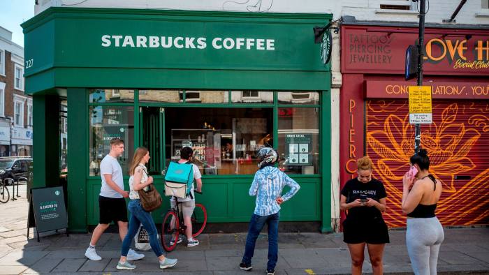 A picture of people standing outside a Starbucks on Portobello Rd West London