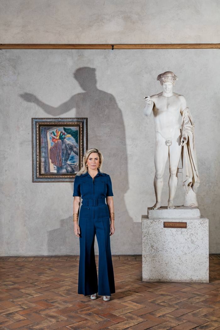 Pepi Marchetti Franchi in the Museo Nazionale Romano – Palazzo Altemps, Rome. She wears Gucci jumpsuit. Ernesto Esposito shoes. Jewellery by Fabio Salini