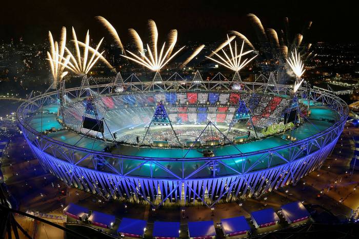Fireworks above the Olympic stadium at Danny Boyle’s opening ceremony;