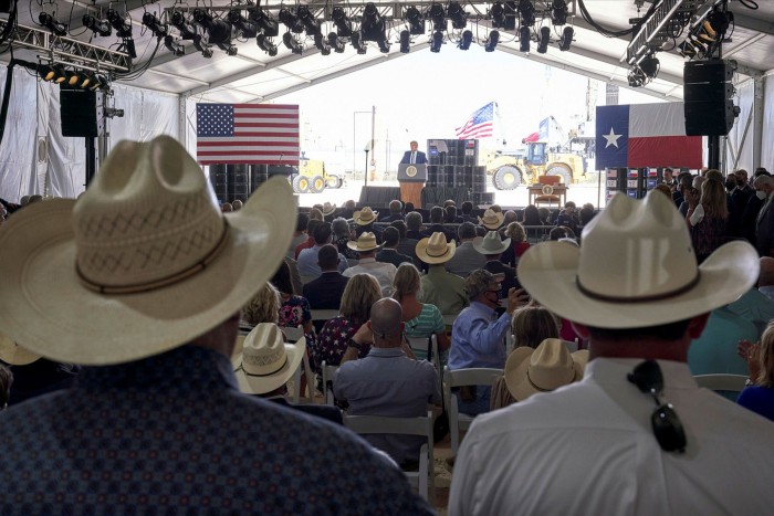 Then President Donald Trump speaking at an oil rig in Midland, Texas during campaigning for the 2020 US election