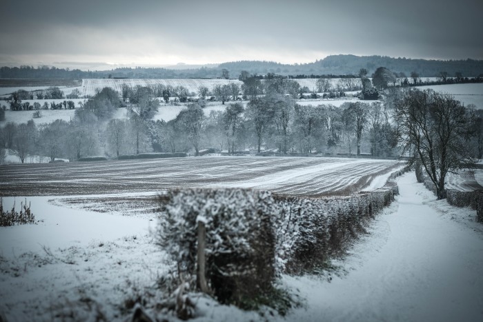 Snow-dusted fields, woodland and distant hills on Wiltshire’s Fonthill Estate