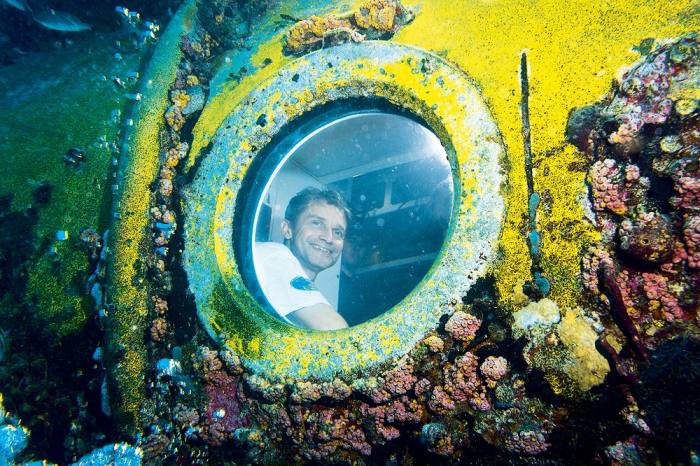 Cousteau in Aquarius, the undersea vessel in which he completed Mission 31