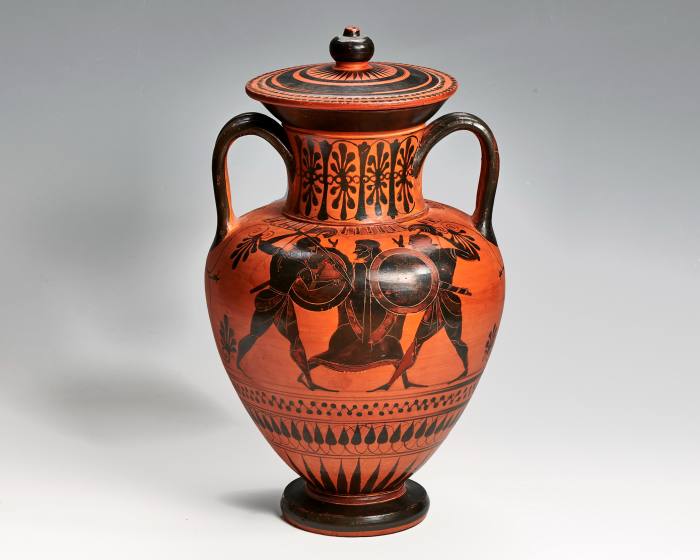 A large vase with wide neck and two looping handles. The vase is red with black figures