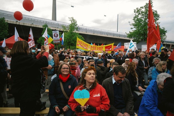 Hundreds of demonstrators from DGB labor union take part in labor day demonstration march in Dusseldorf, 
