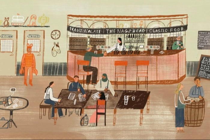 Illustration of customers taking part in a pub quiz