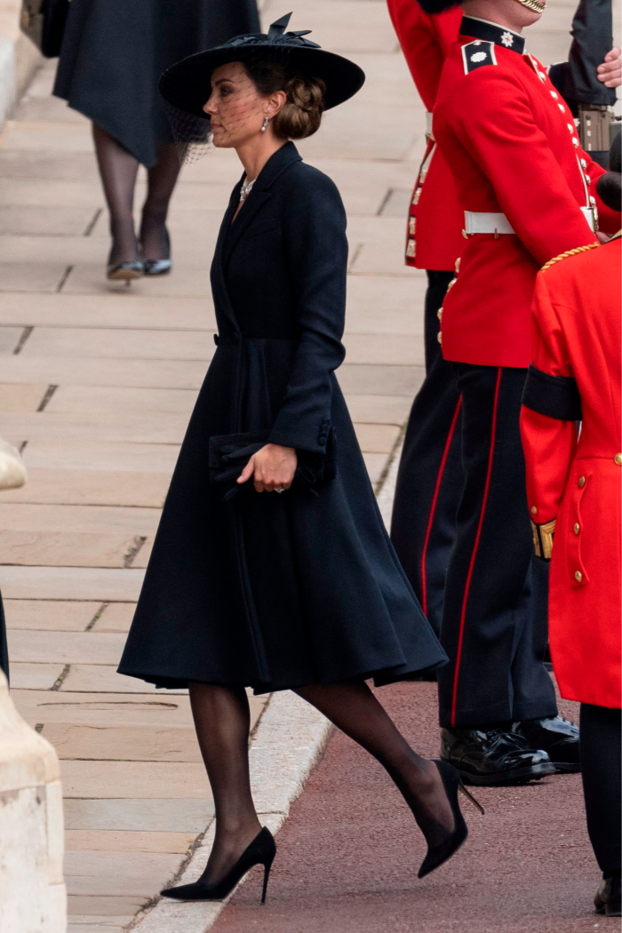Catherine, Princess of Wales, in a black coat dress at Windsor 