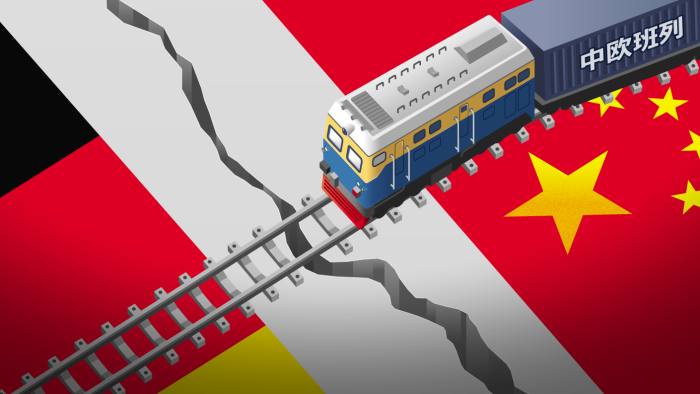 Illustration of train running over crack between Chinese and German flags