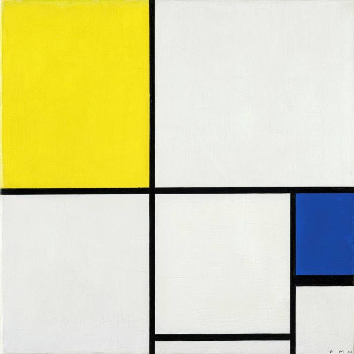 An abstract composition of white, blue and yellow rectangles with black borders