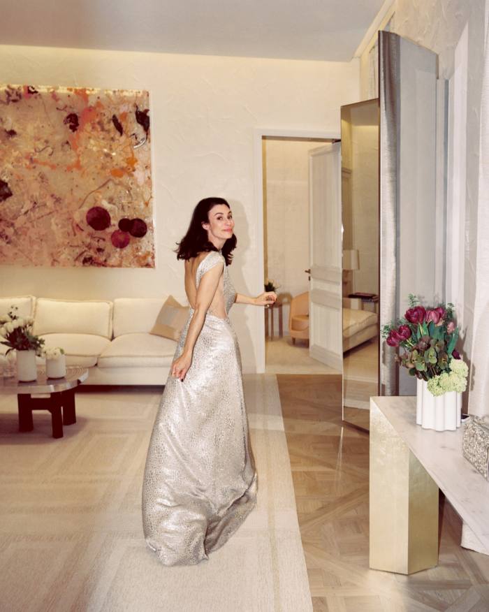 The author wears Dior Haute Couture lamé muslin backless dress, POA