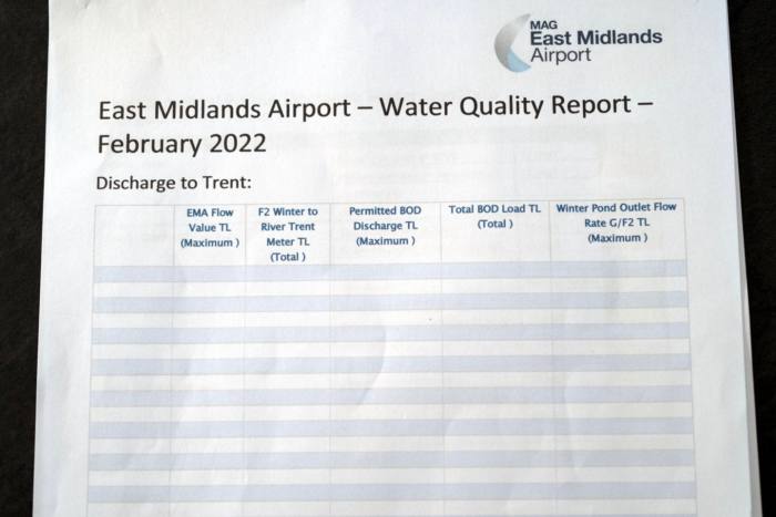 Obligatoriska uppgifter tillhandahålls inte av East Midlands flygplats för vattenkvalitetsrapporten från februari 2022 