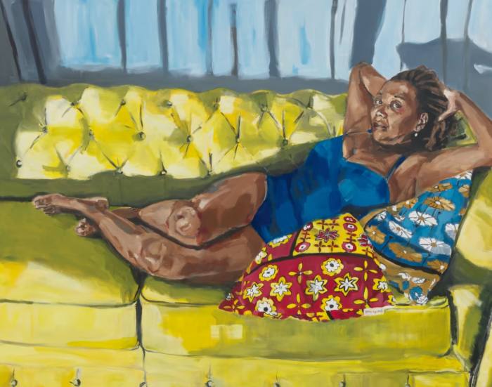 A painting entitled Sundials and Sonnets by Wangari Mathenge shows a woman reclining on a yellow sofa