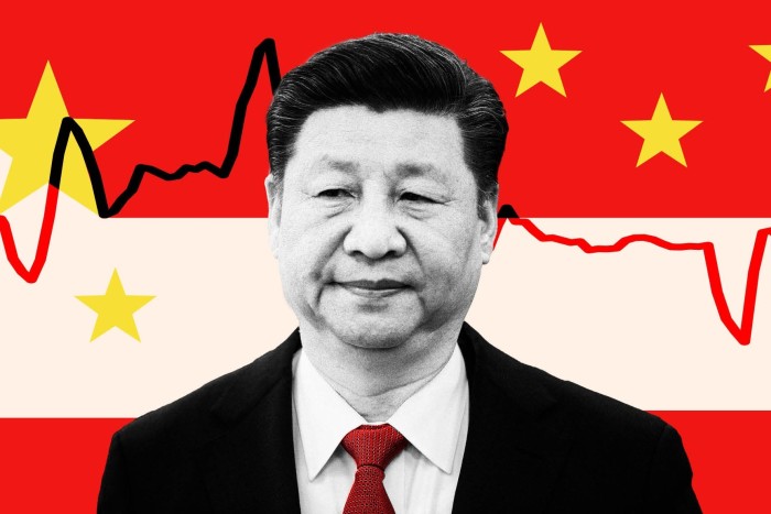 Imagen de montaje de Xi Jinping, la bandera china y diagramas.