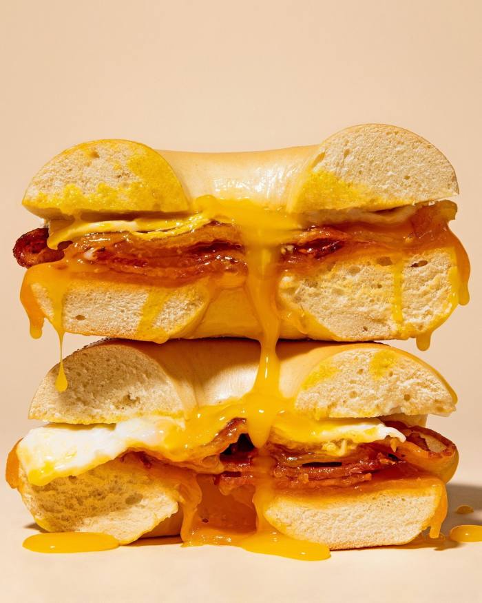 Two bacon, egg and cheese bagels from H&H Bagels in New York