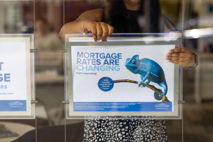 A Countrywide Mortgage Services window sign with a picture of a blue chameleon that reads: ‘Mortgage rates are changing’