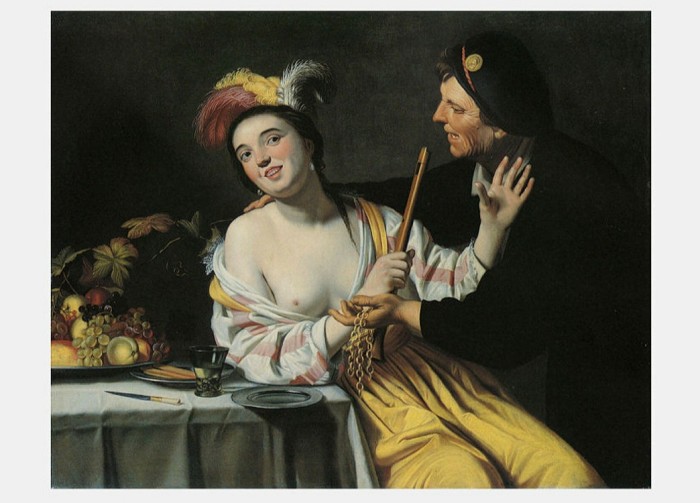 A postcard of an oil painting showing a woman sat at a table in a feather hat, her chest exposed, brushing off the advances of a man with his arms around her