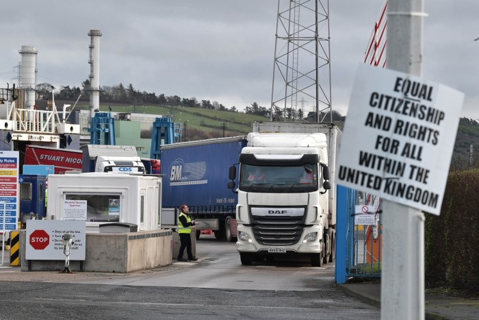 Lorries disembark from the ferry that goes from Cairnryan, Scotland, to Larne, Northern Ireland