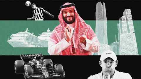 Montage image showing Crown Prince Mohammed bin Salman, Rory McIlroy, an F1 car, a football player, a cruise ship and the PIF Tower in Riyadh