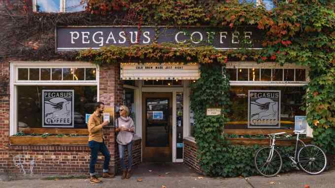 Customers outside Pegasus Coffee House, Washington