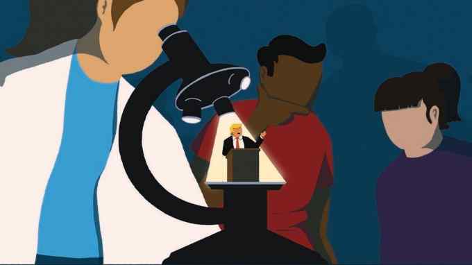 Andy Carter illustration of a scientist looking through a microscope, with Donald Trump speaking at a lectern under its lens