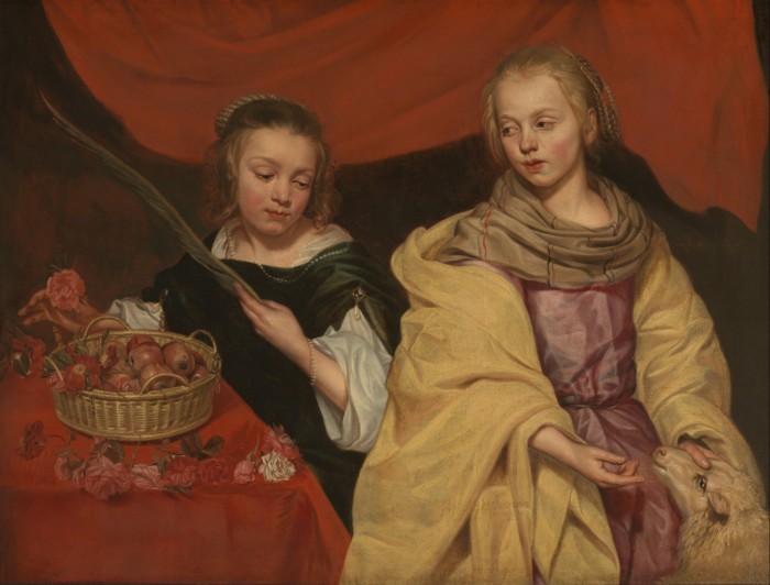 Two young girls, one in black and white silk, the other in pink and yellow, look bored. One holds a feather by a basket of apples, the other feeds a lamb