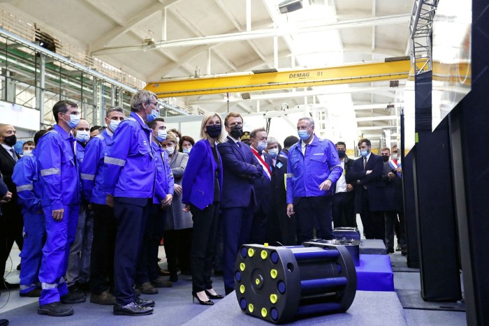 French President Emmanuel Macron and Minister Delegate for Industry Agnès Pannier-Runacher visit Genvia in Béziers, southern France, November 16, 2021