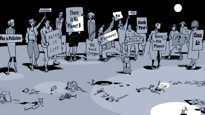 illustration of people holding signs such as ‘War is pollution’, ‘Water is life’, ‘There is no Planet B’, ‘Save the planet’ 