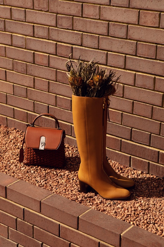 Salvatore Ferragamo woven leather Boxyz bag, £2,205. Dior calfskin boots, £1,800