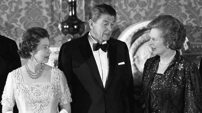 1984: The Queen with US president Ronald Reagan and British prime minister Margaret Thatcher at Buckingham Palace