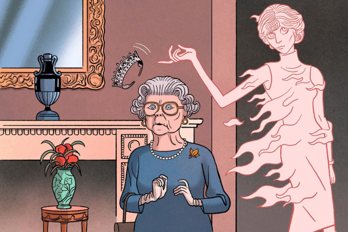Illustration, die die Königin und den Geist von Prinzessin Diana zeigt