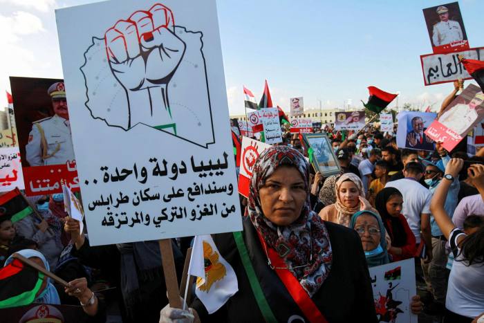 Supporters of Khalifa Haftar gather in Benghazi in July to protest against Turkish intervention in the country's affairs