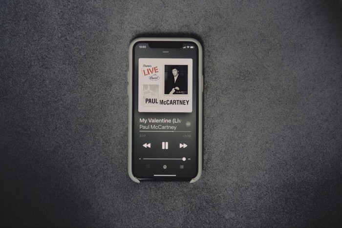 Modine’s phone with his most recent music download: Paul McCartney’s Live Sessions recorded at Capital Records in Hollywood