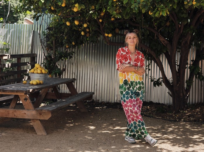 Polly Wales at her home in Highland Park, wearing jewellery from her eponymous label